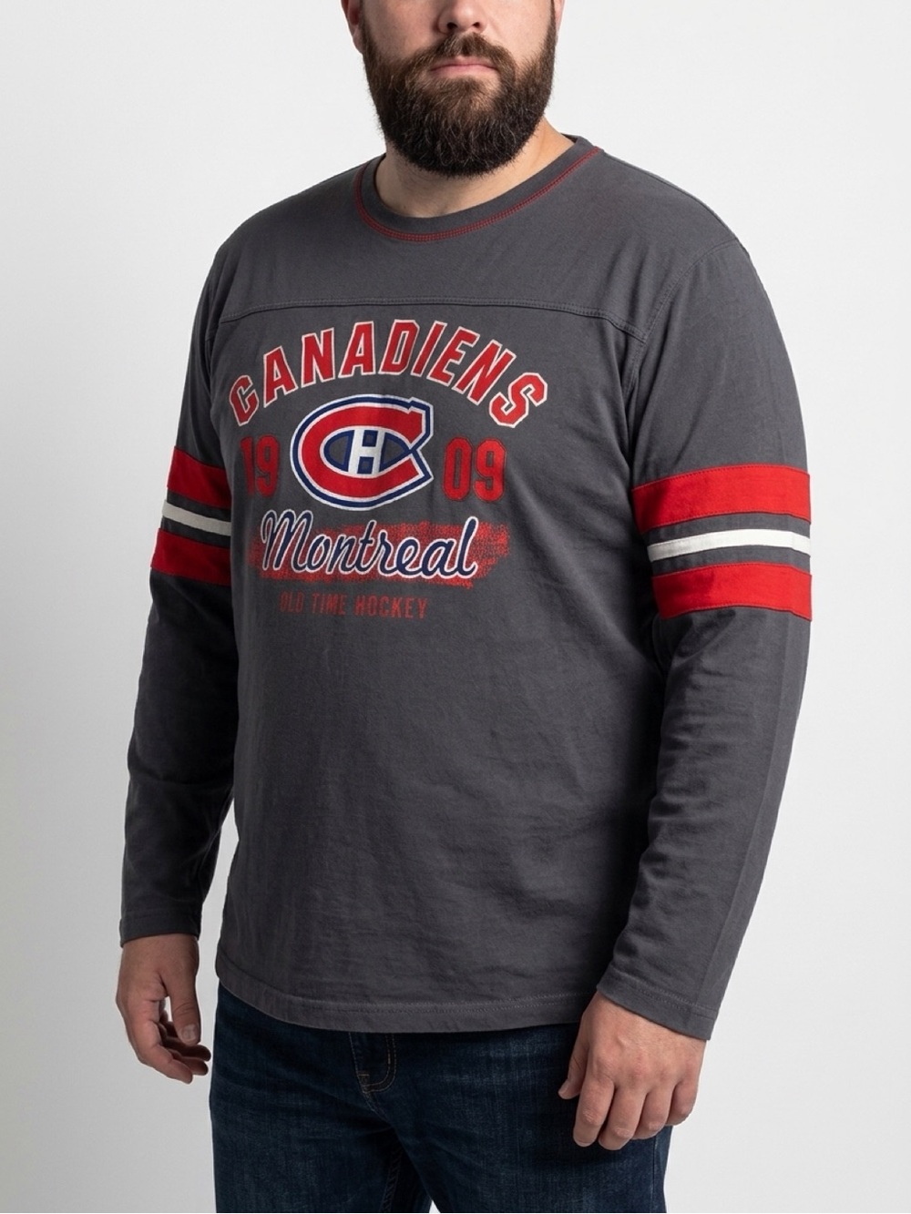 Old Time Hockey Montreal Canadiens Gray Long-Sleeve Tee with Red Stripe Accents